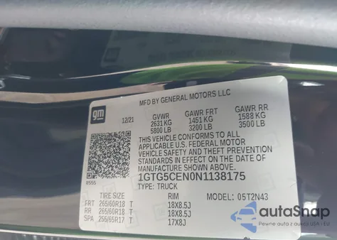 2022 GMC Canyon 2Wd Short Box Elevation z USA, uszkodzony, nr VIN 1GTG5CEN0N1138175